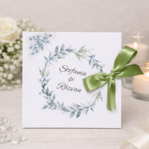 Invitație de nuntă elegantă cu calendar – fundă satinată verde, personalizabilă